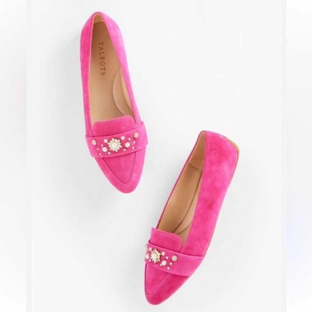 Barbiecore Talbots Pink FRANCESCA RHINESTONE DRIVING FLATS SUEDE Loafers Sz 8.5 - Picture 1 of 10